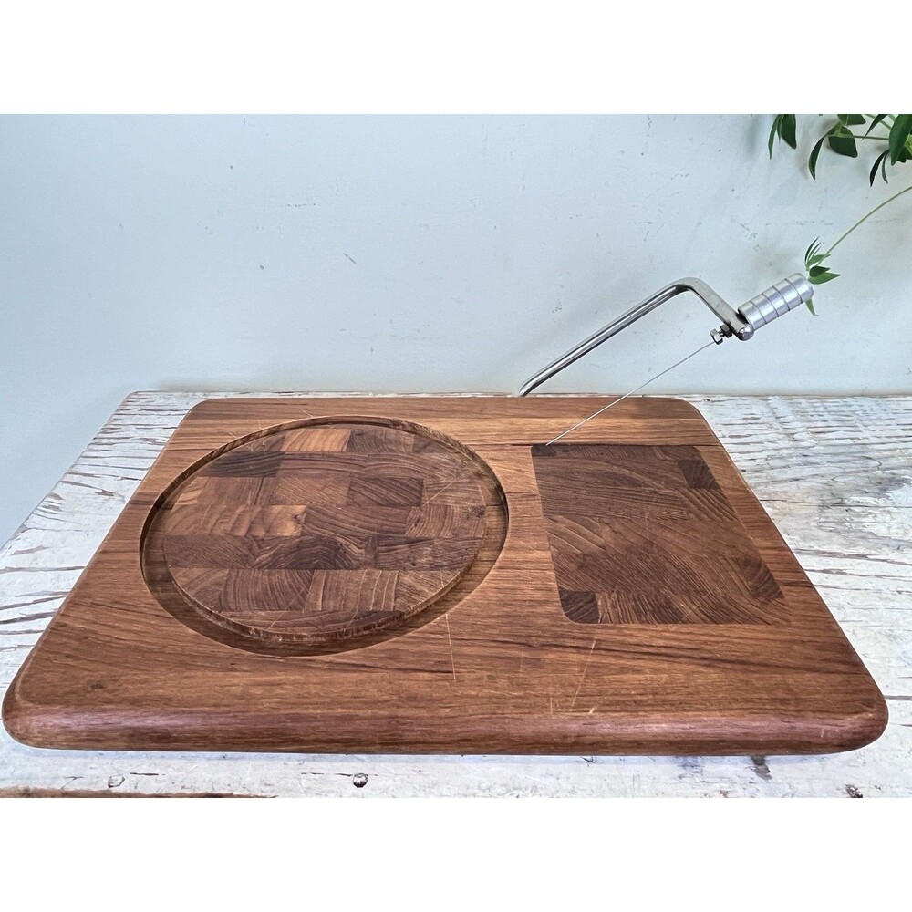 Vintage MCM Wooden Teak Cheese Cutting Board With Attached Cheese Knife